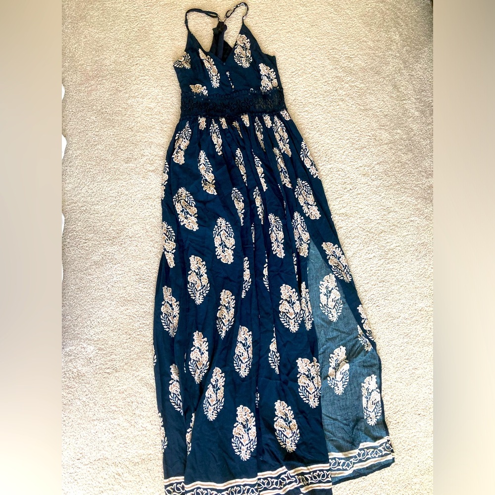 Miss Avenue Navy Blue Maxi Dress with Cream Floral Print